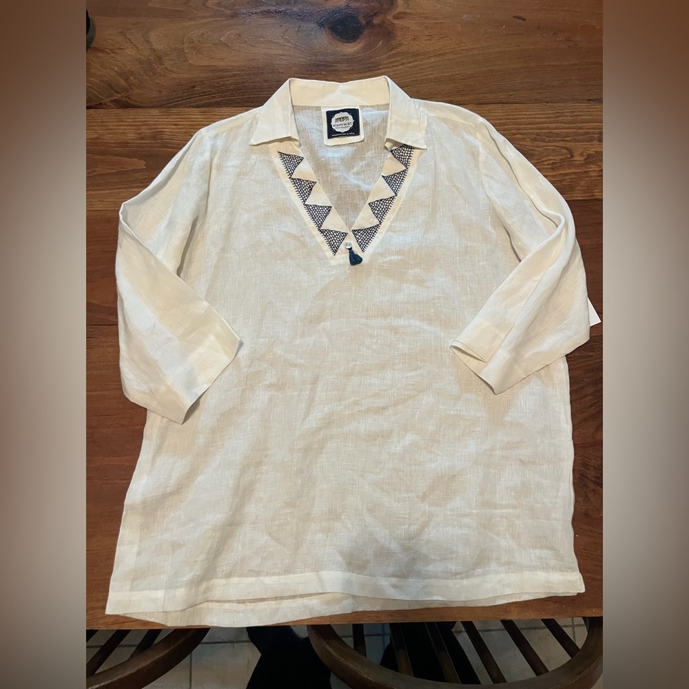 NWT Alamwar Jamala Tan Embroidered collared v neck Shirt Size Medium/L